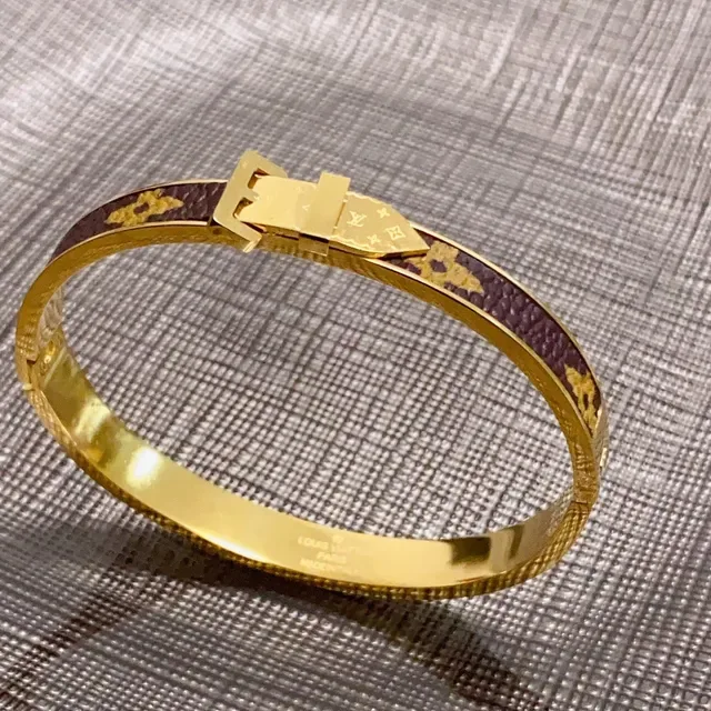 Louis Vuitton Ceinture Gold Purple Hinged Bangle Monogrammed Leather Inlay Bracelet 5