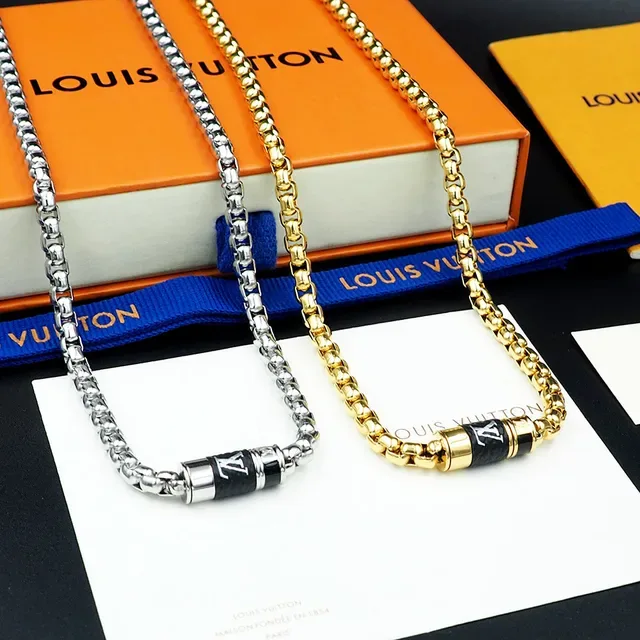 Louis Vuitton Chain Necklace Gold Silver Boxy Link Cylindrical Monogrammed Clasp Necklace 3