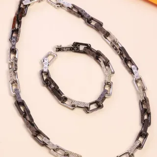 Louis Vuitton Chain Reaction Black Silver Chunky Link Two-Tone Metal Necklace