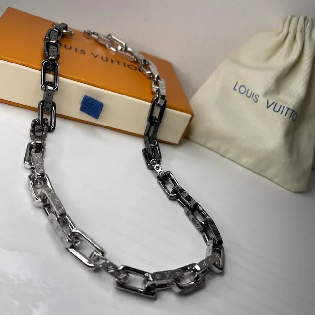 Louis Vuitton Chain Reaction Silver Black Chunky Link Monogram-Engraved Necklace 5
