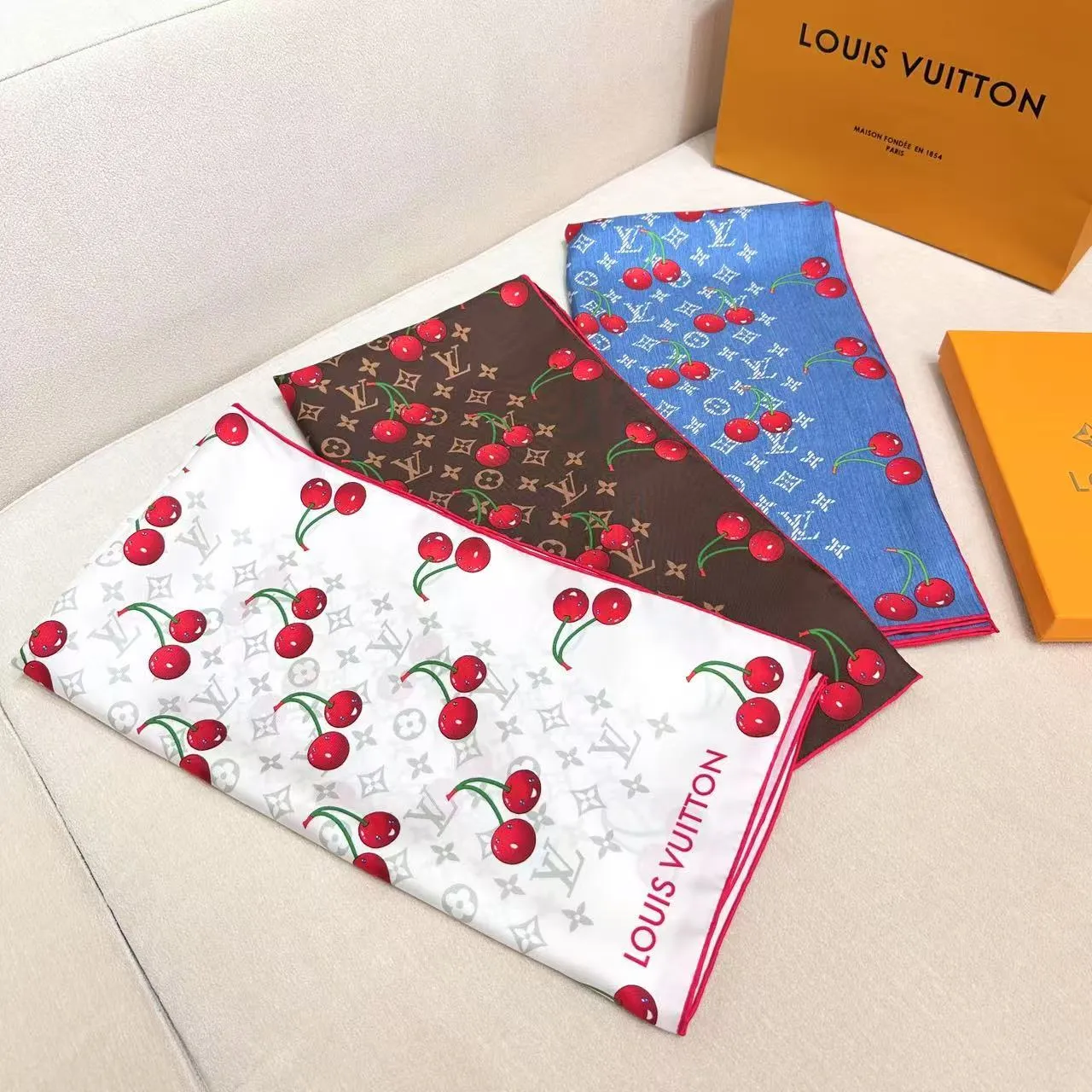 Louis Vuitton Cherry Print Monogram Silk Scarf 7