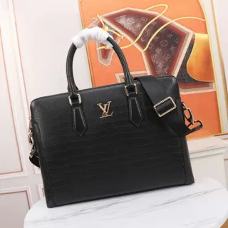 Louis Vuitton Croc-Embossed Black Business Handbag Gold Leather Rigid Rectangular Silhouette Boston Bag