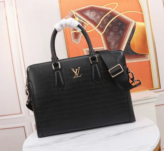 Louis Vuitton Croc-Embossed Black Business Handbag Gold Leather Rigid Rectangular Silhouette Boston Bag 2