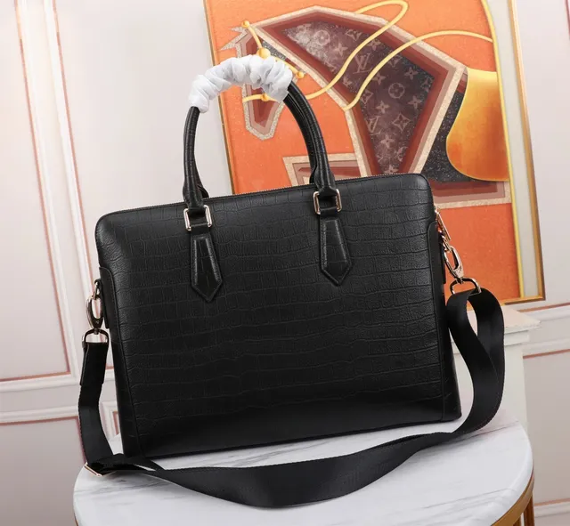 Louis Vuitton Croc-Embossed Black Business Handbag Gold Leather Rigid Rectangular Silhouette Boston Bag 3