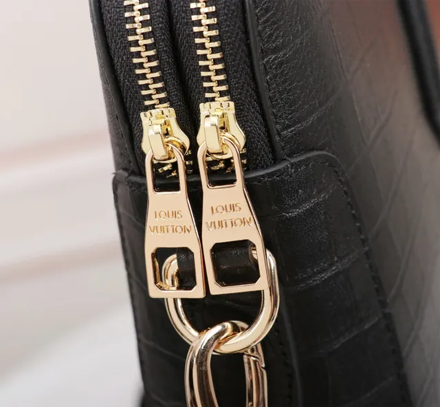 Louis Vuitton Croc-Embossed Black Business Handbag Gold Leather Rigid Rectangular Silhouette Boston Bag 6