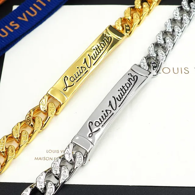 Louis Vuitton Curb-Link Engraved Plaque Silver-Tone Bracelet 3