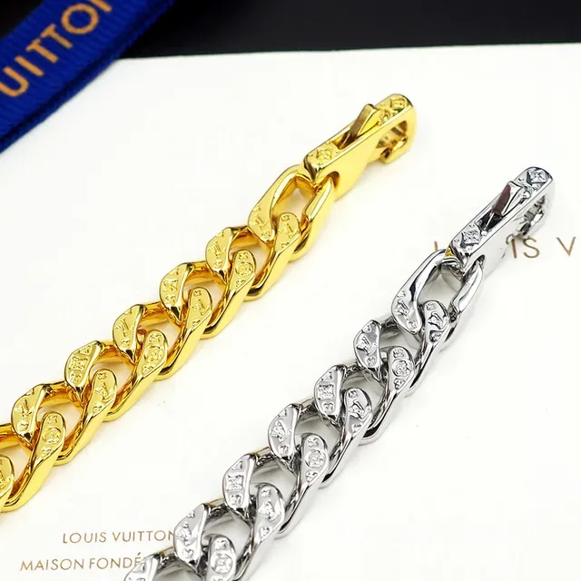 Louis Vuitton Curb-Link Engraved Plaque Silver-Tone Bracelet 4