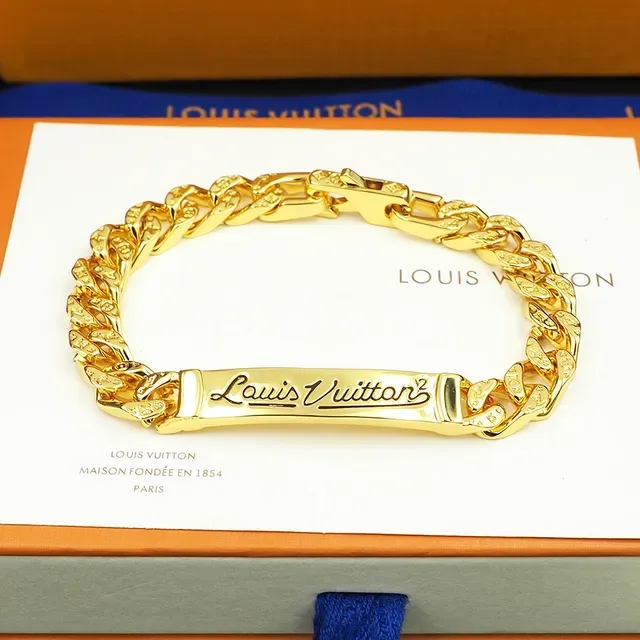 Louis Vuitton Curb-Link Engraved Plaque Silver-Tone Bracelet 5