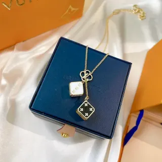 Louis Vuitton Dice Pendant Gold White Chain Dual Die-Shaped Enamel Pendants Necklace