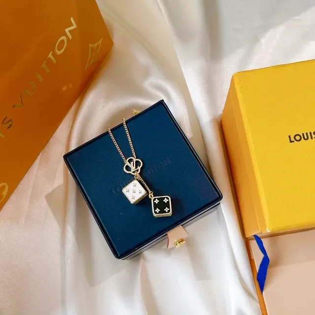 Louis Vuitton Dice Pendant Gold White Chain Dual Die-Shaped Enamel Pendants Necklace 2