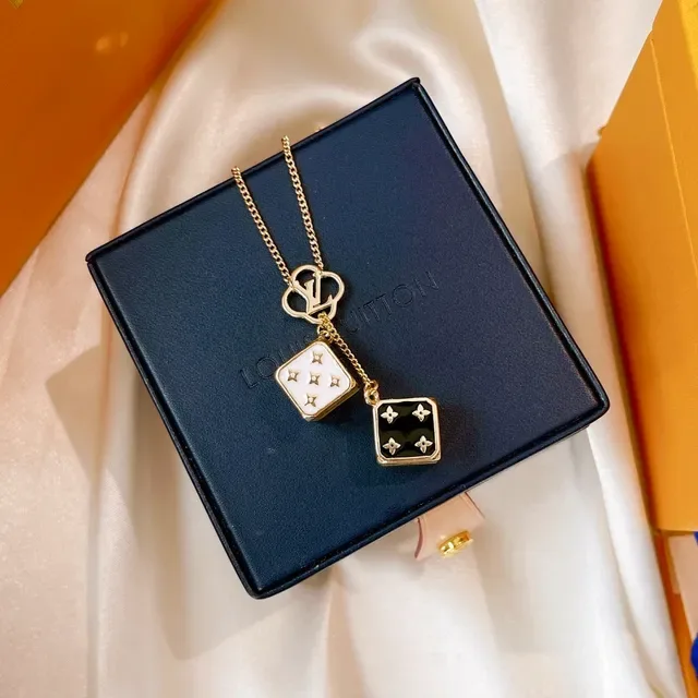 Louis Vuitton Dice Pendant Gold White Chain Dual Die-Shaped Enamel Pendants Necklace 3