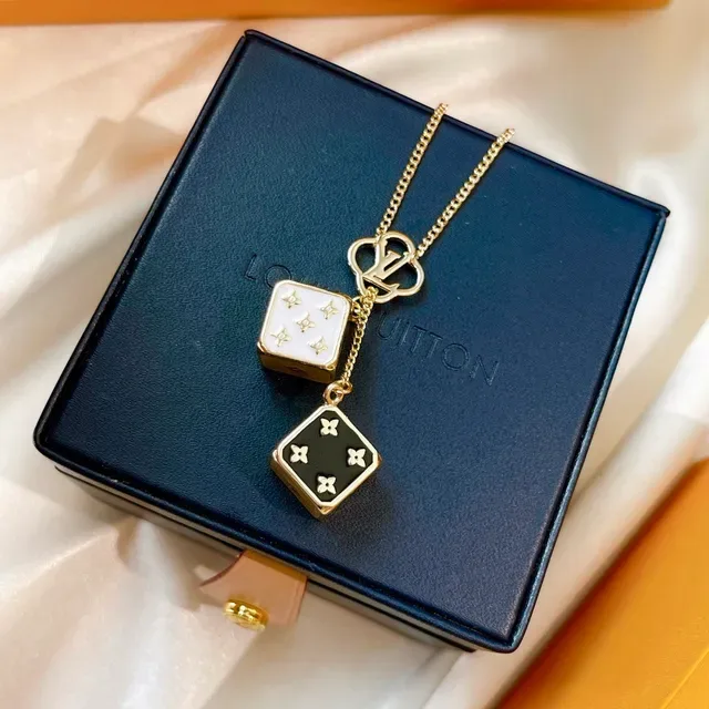 Louis Vuitton Dice Pendant Gold White Chain Dual Die-Shaped Enamel Pendants Necklace 4