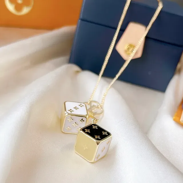 Louis Vuitton Dice Pendant Gold White Chain Dual Die-Shaped Enamel Pendants Necklace 5