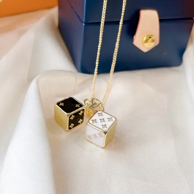 Louis Vuitton Dice Pendant Gold White Chain Dual Die-Shaped Enamel Pendants Necklace 6