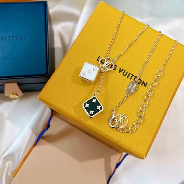Louis Vuitton Dice Pendant Gold White Chain Dual Die-Shaped Enamel Pendants Necklace 7