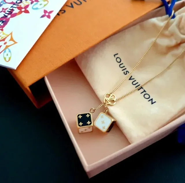 Louis Vuitton Dice Pendant Gold White Chain Dual Die-Shaped Enamel Pendants Necklace 8
