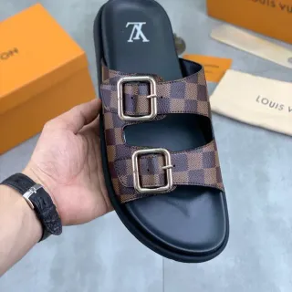 लुई विटटन Double-Buckle Slide भूरे काले पट्टे Damier Check Canvas चप्पल