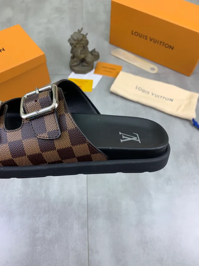 Louis Vuitton Double-Buckle Slide Brown Black Strap Damier Check Canvas Slippers 3