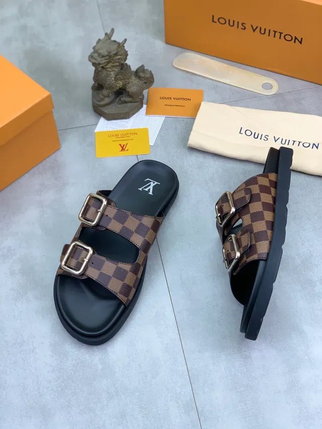 Louis Vuitton Double-Buckle Slide Brown Black Strap Damier Check Canvas Slippers 4