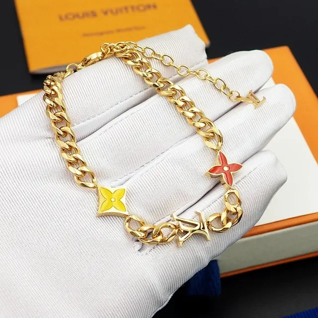 Louis Vuitton Flower Chain Gold-Tone Enamel Floral Charm Bracelet 6