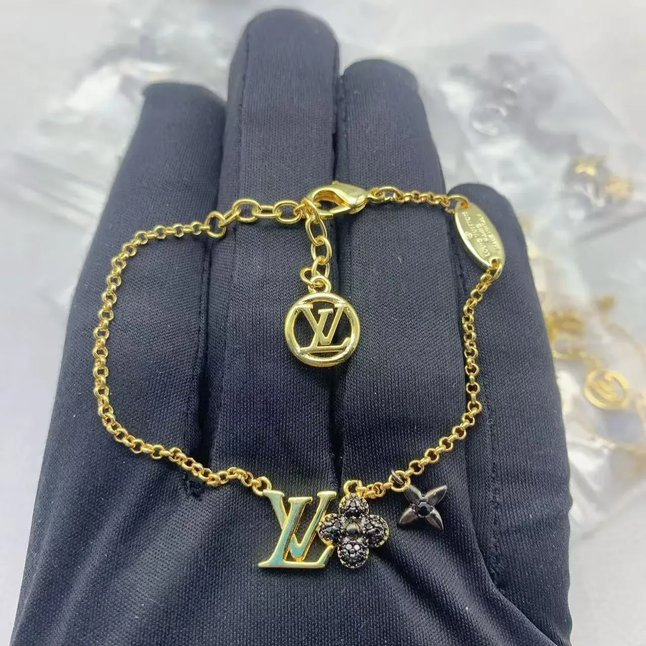 Louis Vuitton Flower & Monogram Charm Silver Gold Chain Design Bracelet 2