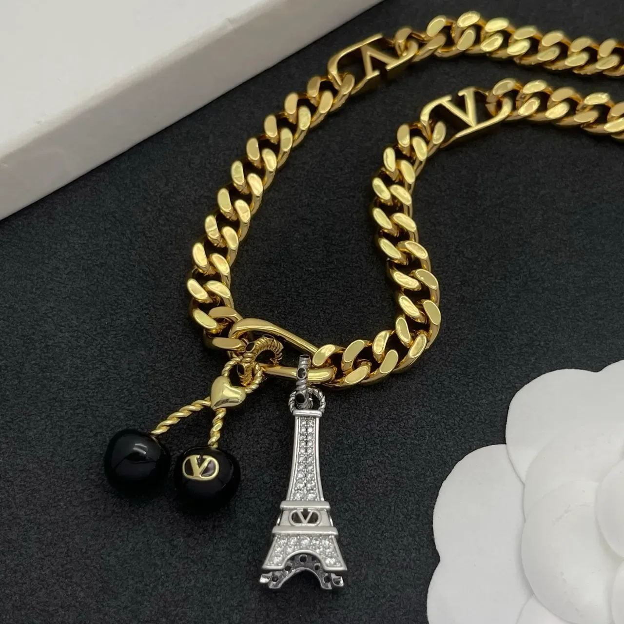 Louis Vuitton Gold Black Curb-Link Chain LV Monogram Links Necklace 6