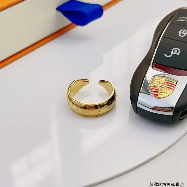 Louis Vuitton Gold Blue Monogram-Engraved Open-Adjustable Ring 7