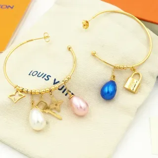 Louis Vuitton Gold Blue Open Hoop Dangling Pearl Charms Earrings