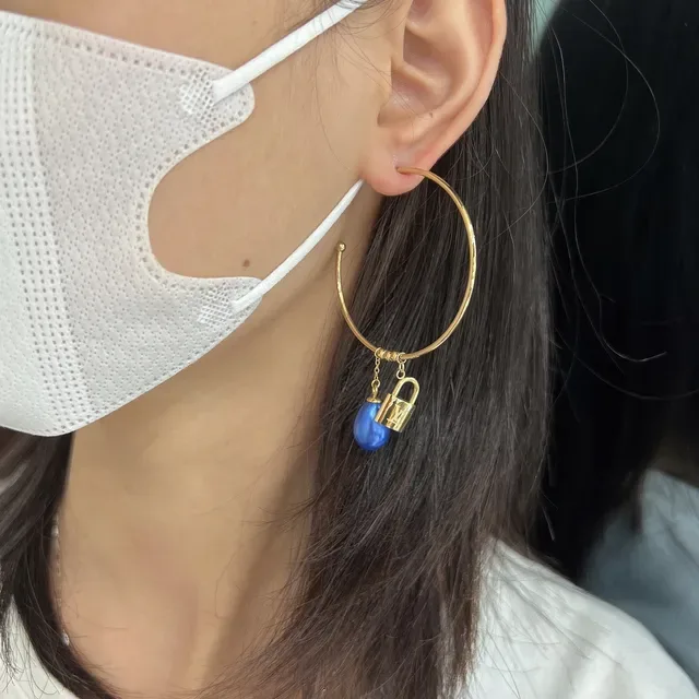 Louis Vuitton Gold Blue Open Hoop Dangling Pearl Charms Earrings 2