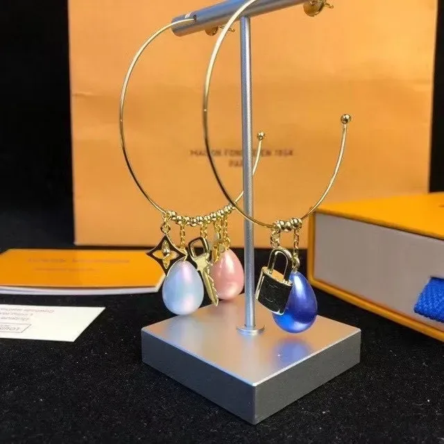 Louis Vuitton Gold Blue Open Hoop Dangling Pearl Charms Earrings 3