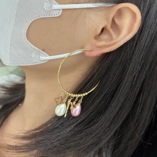 Louis Vuitton Gold Blue Open Hoop Dangling Pearl Charms Earrings 4