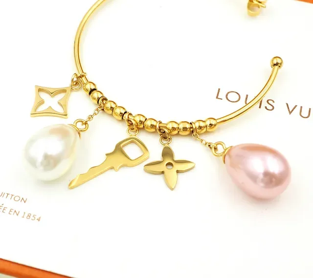 Louis Vuitton Gold Blue Open Hoop Dangling Pearl Charms Earrings 5