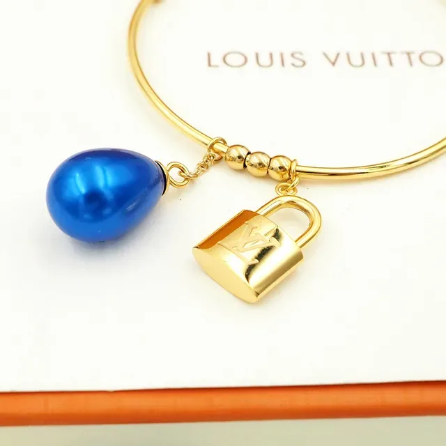 Louis Vuitton Gold Blue Open Hoop Dangling Pearl Charms Earrings 7