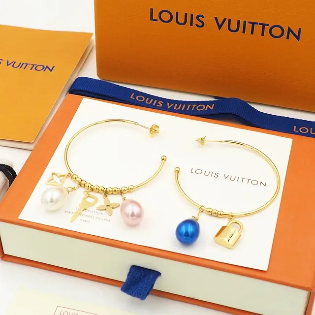 Louis Vuitton Gold Blue Open Hoop Dangling Pearl Charms Earrings 8