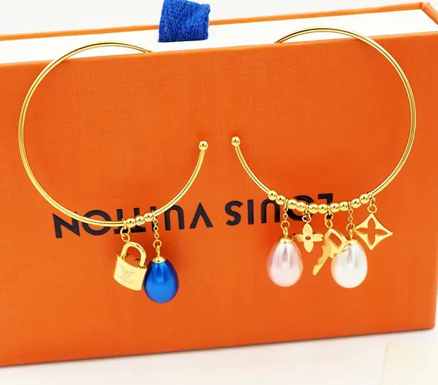Louis Vuitton Gold Blue Open Hoop Dangling Pearl Charms Earrings 9