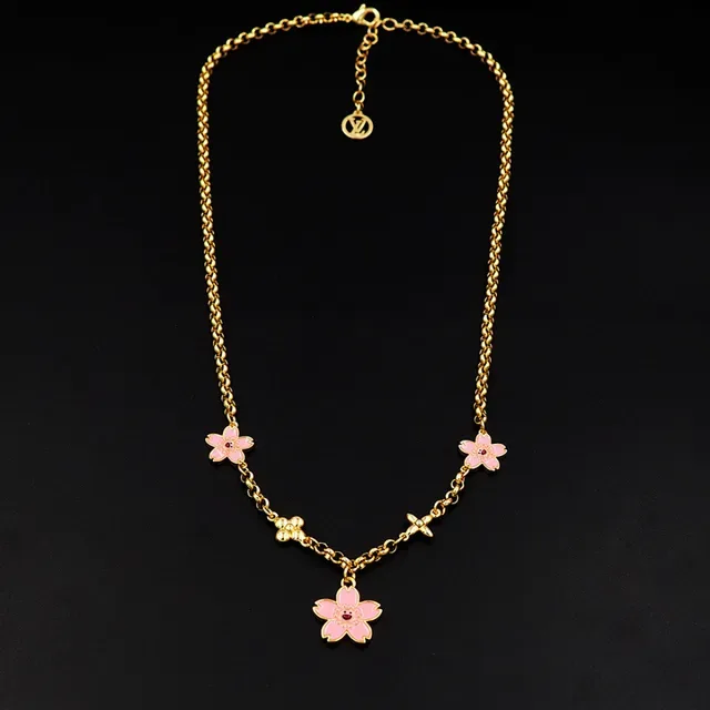 Louis Vuitton Gold Chain Pink Enamel Floral Charm Bracelet 7