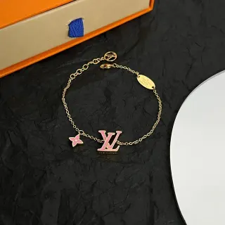 Louis Vuitton Gold Pink Chain Enamel LV Logo Bracelet