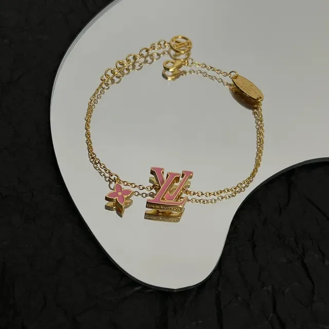 Louis Vuitton Gold Pink Chain Enamel LV Logo Bracelet 3