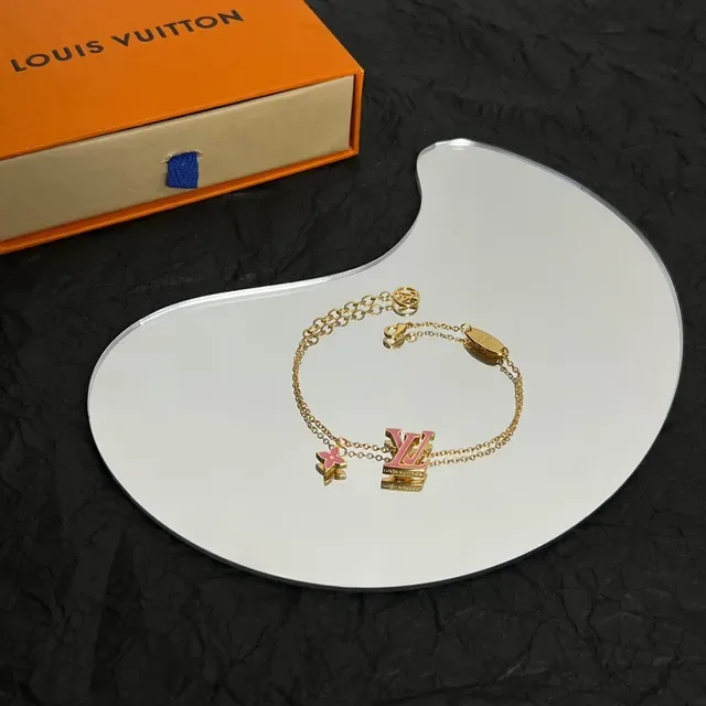 Louis Vuitton Gold Pink Chain Enamel LV Logo Bracelet 5