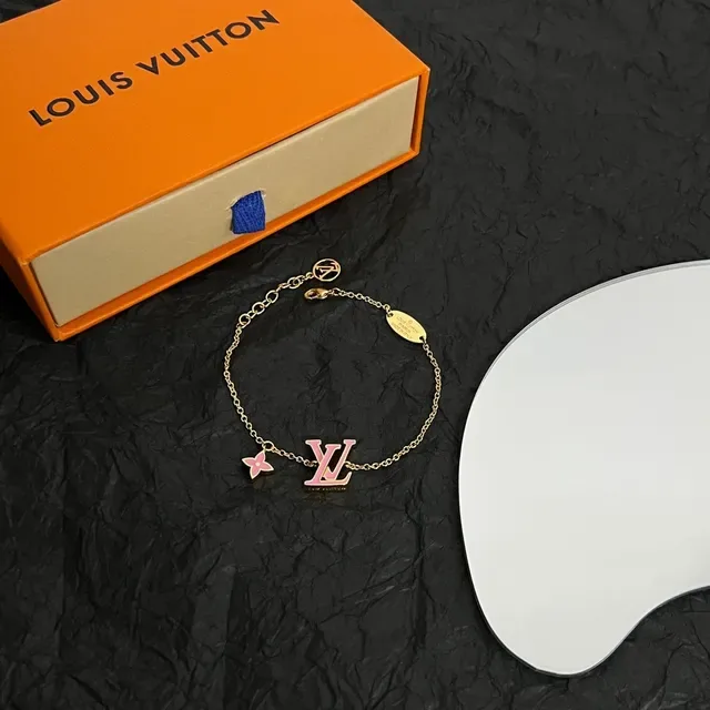 Louis Vuitton Gold Pink Chain Enamel LV Logo Bracelet 6