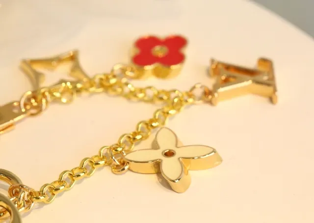 Louis Vuitton Gold Red Metal Enamel Floral Charms Bracelet 2
