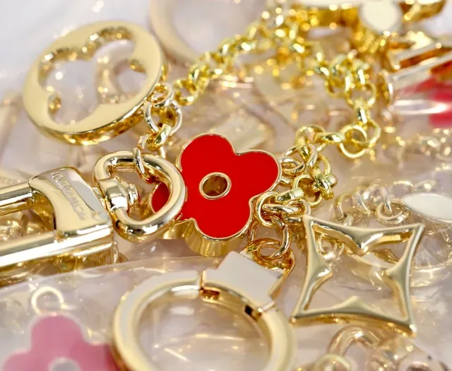 Louis Vuitton Gold Red Metal Enamel Floral Charms Bracelet 3