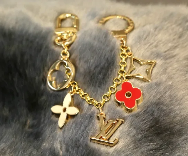 Louis Vuitton Gold Red Metal Enamel Floral Charms Bracelet 7