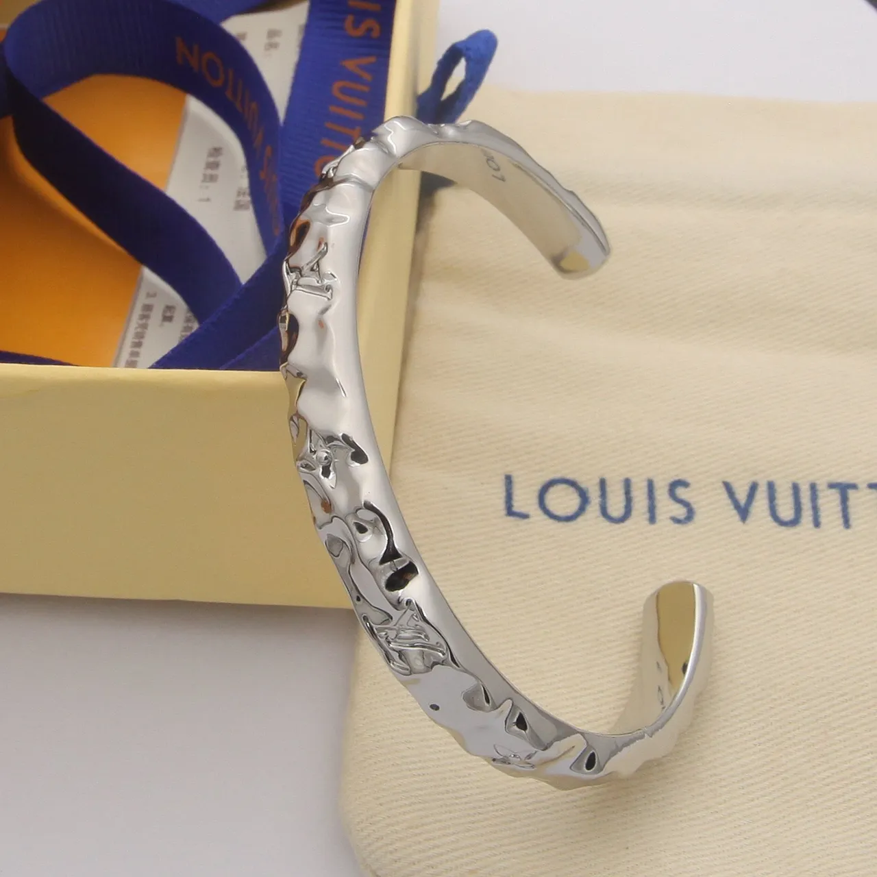 Louis Vuitton Gold Silver Hammered Texture Embossed Monogram Bracelet 3