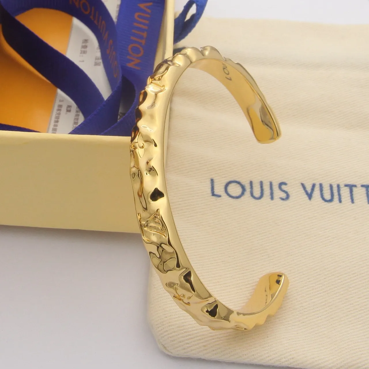 Louis Vuitton Gold Silver Hammered Texture Embossed Monogram Bracelet 4