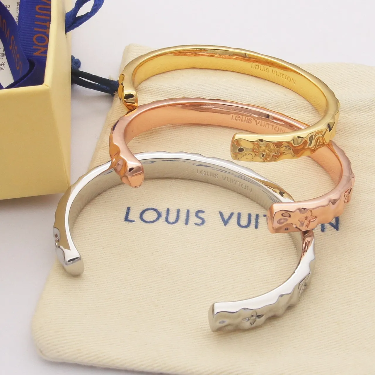 Louis Vuitton Gold Silver Hammered Texture Embossed Monogram Bracelet 5