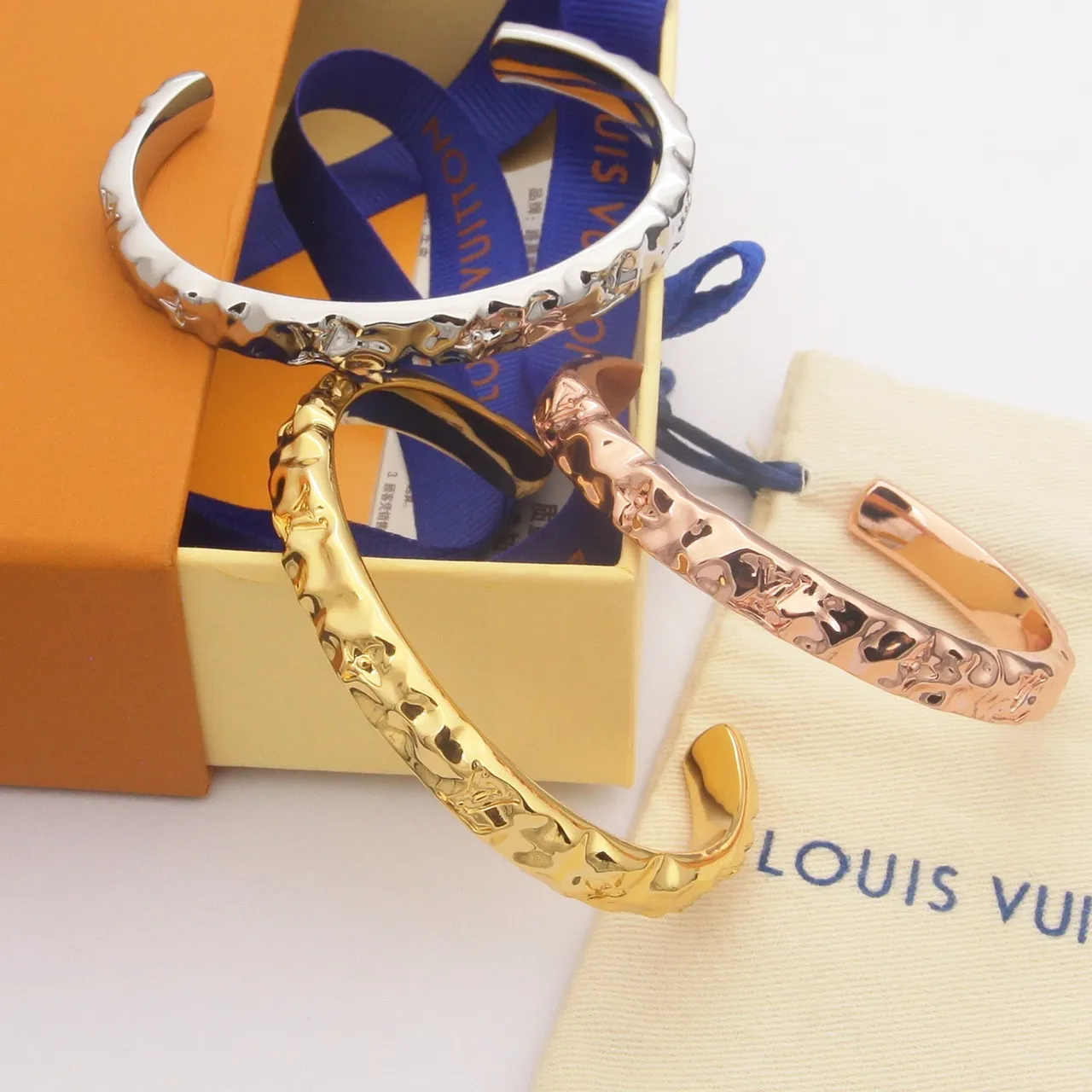 Louis Vuitton Gold Silver Hammered Texture Embossed Monogram Bracelet 6