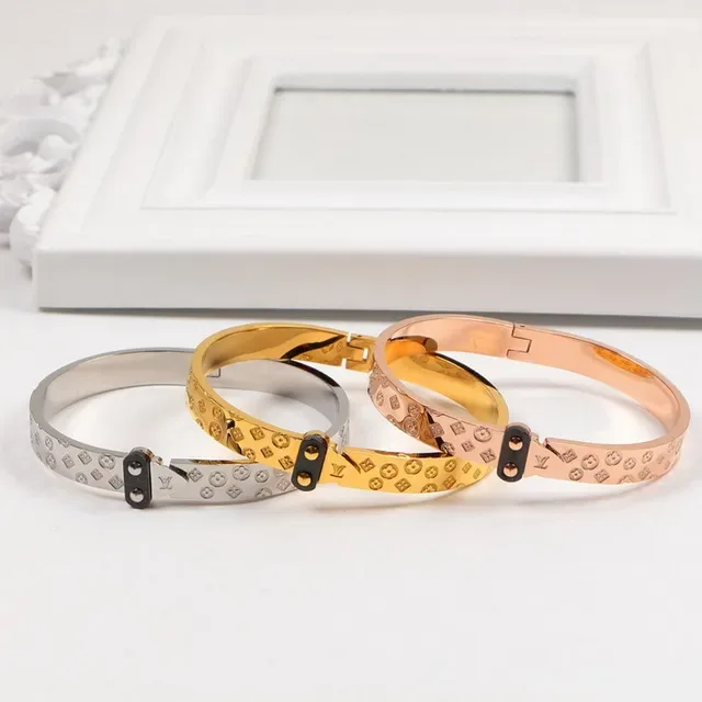 Louis Vuitton Gold Silver Hinged Bangle Embossed Monogram Bracelet 2
