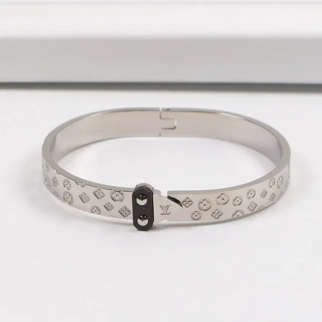 Louis Vuitton Gold Silver Hinged Bangle Embossed Monogram Bracelet 6