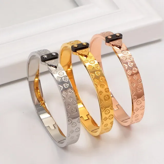 Louis Vuitton Gold Silver Hinged Bangle Embossed Monogram Bracelet 7